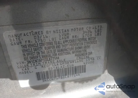 2016 Nissan Versa 1.6 S+ из США, поврежденный, VIN 3N1CN7AP8GL877144